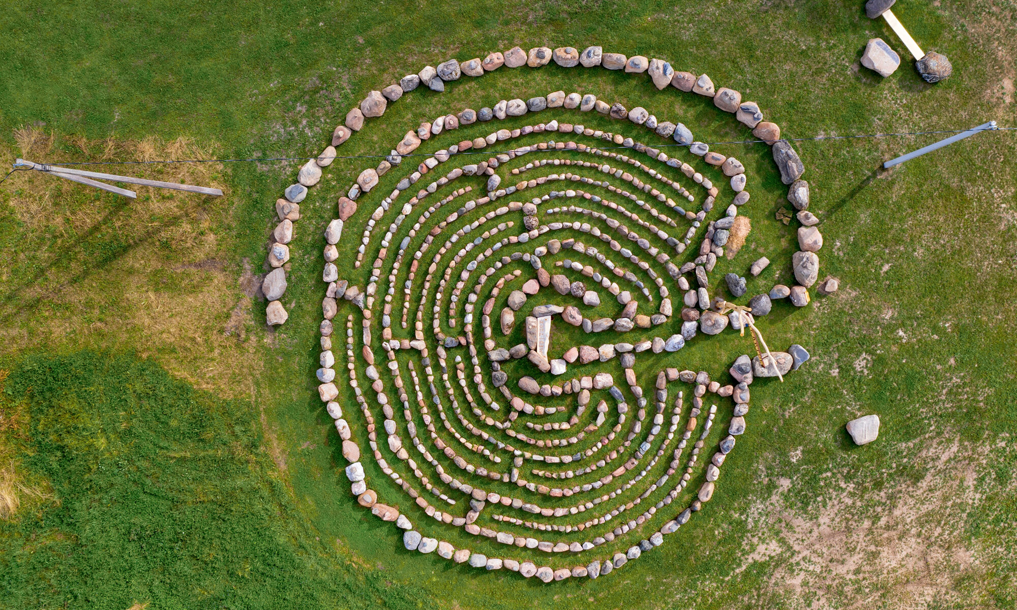 Spiral labyrinth made of stones, Lithuania, aerial view